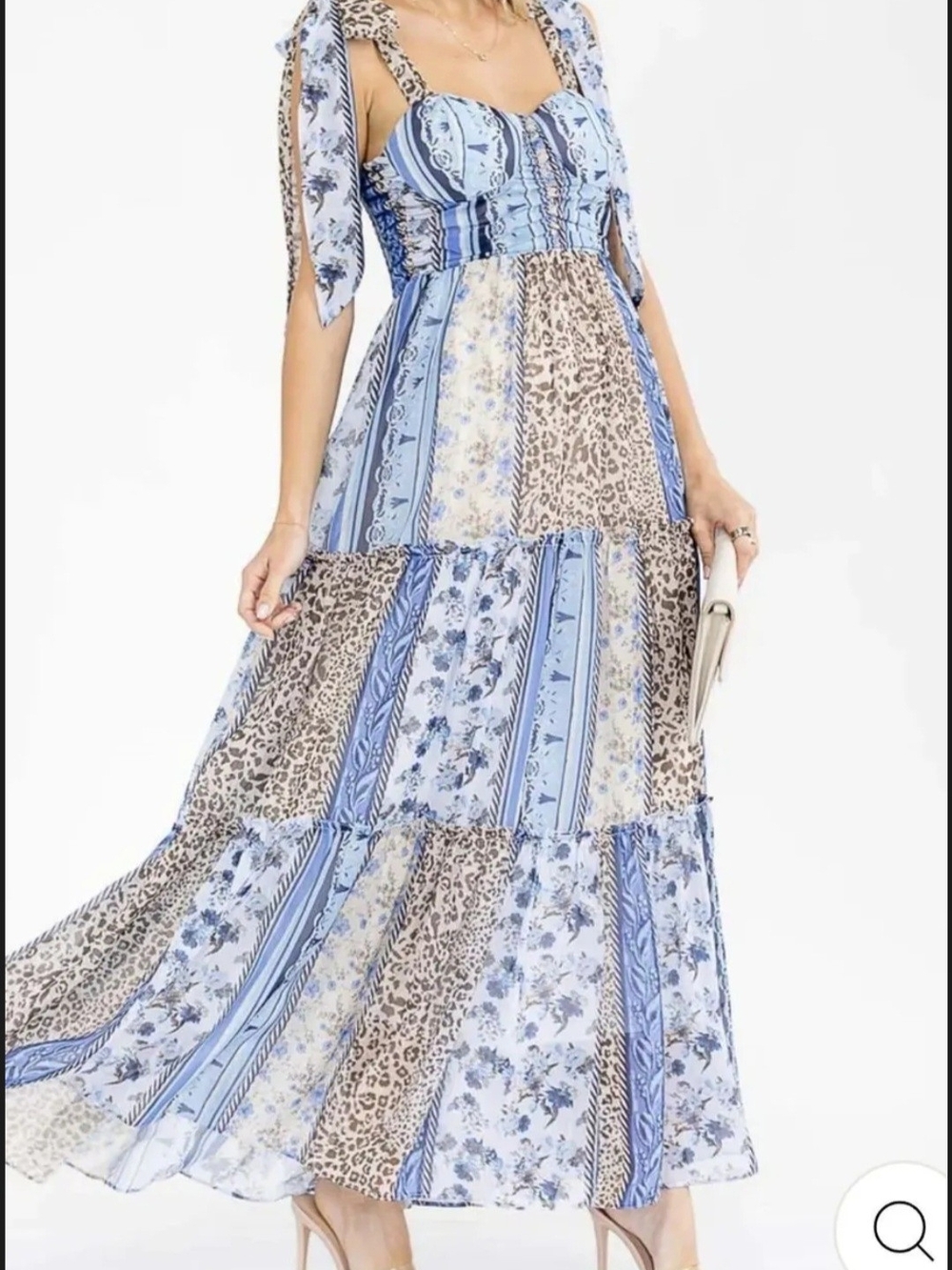 Blue Patchwork Floral & Leopard Print Maxi Dress with Tie Straps